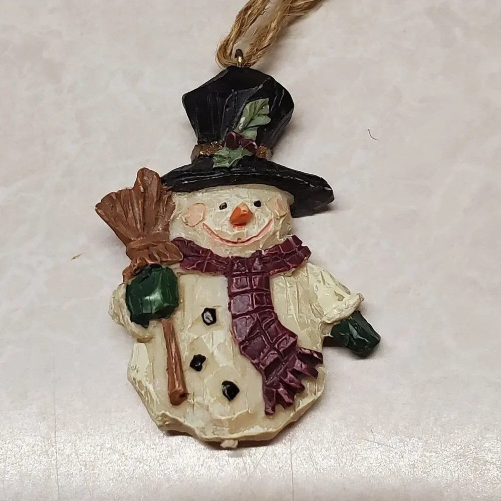 Set Of Three Resin Christmas Ornaments  Santa Rocking Horse And Snowman Jute